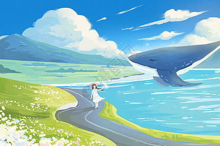 手绘夏天风景山河鲸鱼大场景插画图片