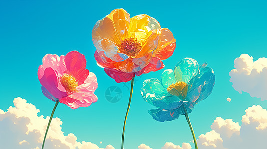 在空中彩色的三朵美丽的卡通花朵图片
