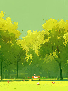 森林中的长椅上可爱的卡通小鸭子图片