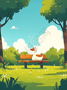 在森林中木椅上一只可爱的卡通小鸭子图片