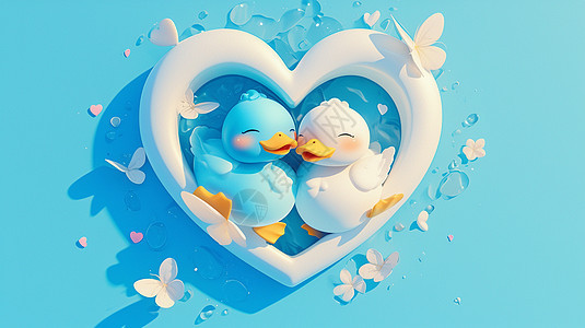两只蓝色可爱的卡通小鸭子图片