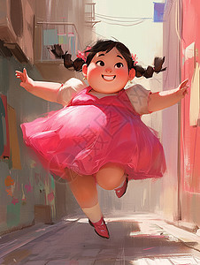 穿着粉色蓬蓬裙开心跳舞的胖乎乎可爱卡通小女孩图片