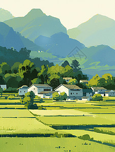 绿色的田野中一片卡通小村庄背景图片