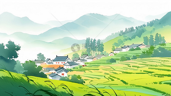 春天清晨野外美丽的卡通小村庄图片