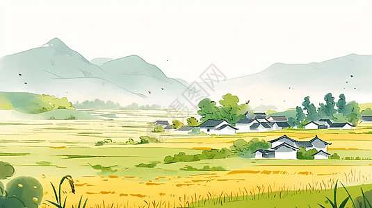 清晨野外唯美的卡通小村庄高清图片