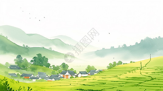 春天野外唯美的卡通小村庄图片