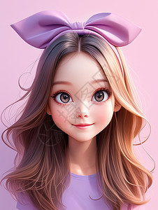 头上戴着紫色蝴蝶结的长卷发可爱卡通 小女孩图片
