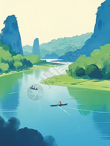 春天青山环绕着绿水唯美卡通风景画图片