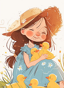 戴着草帽的可爱卡通小女孩与小花鸭在草丛中玩耍图片