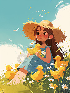 可爱卡通小女孩与小花鸭在草丛中玩耍图片