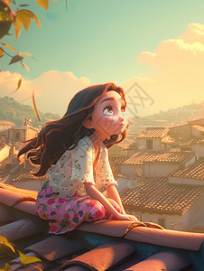 在古风屋顶上穿着碎花裙子的长发卡通小女孩在欣赏风景图片