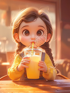 抱着一大桶饮料开心喝的可爱卡通小女孩图片