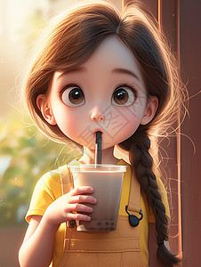 抱着大桶饮料开心喝的可爱卡通小女孩图片