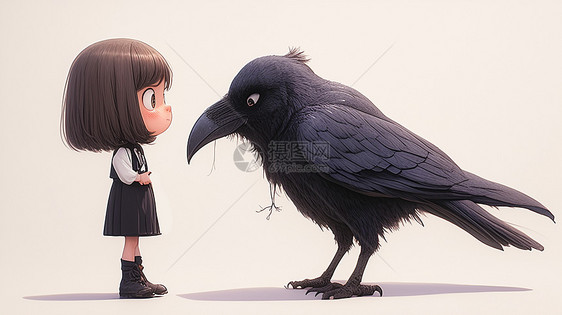 可爱的卡通小女孩与黑色大大的乌鸦面对面图片