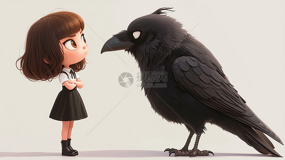 可爱的卡通小女孩与大大的乌鸦面对面图片