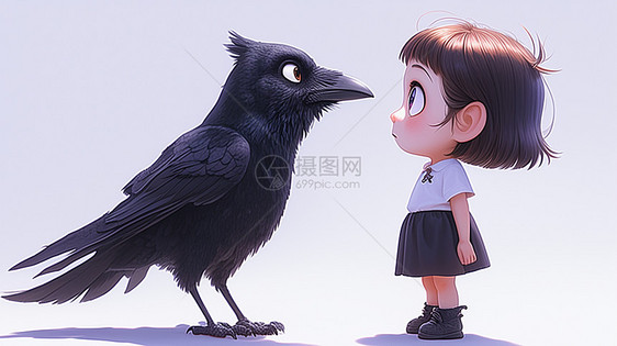 可爱的卡通小女孩与黑色的乌鸦面对面图片