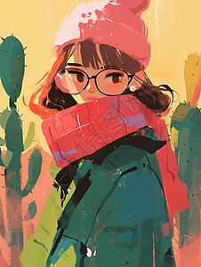 戴黑框眼镜围着红色围巾的可爱卡通女孩站在仙人掌旁图片
