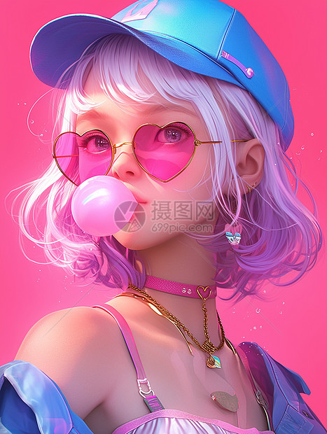 戴着粉色墨镜吹泡泡糖的酷酷的卡通女孩图片