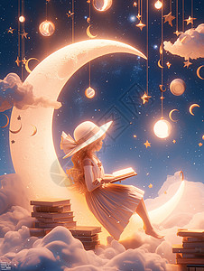 坐在发光的月亮上认真看书的可爱卡通小女孩图片