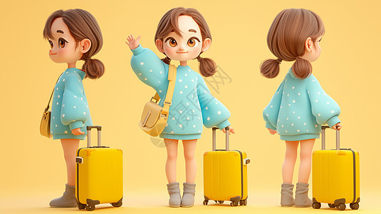身穿蓝色波点上衣拉着黄色手提箱的卡通小女孩图片