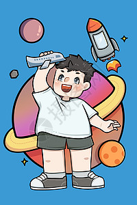 航天日拿着飞机玩具在星球前的小男孩图片