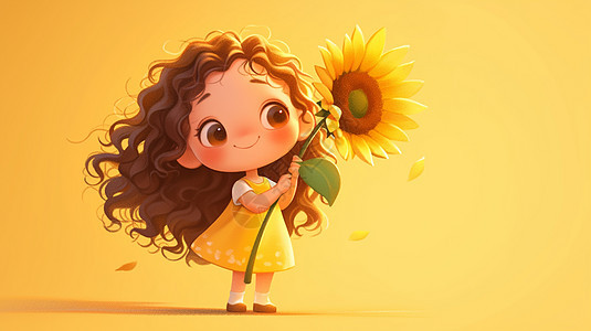抱着一棵向日葵卷发可爱的卡通小女孩图片