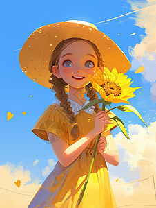 穿着连衣裙抱着向日葵的卡通小女孩图片