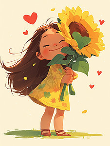 穿着连衣裙抱着向日葵的可爱卡通小女孩图片