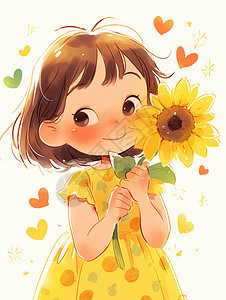 抱着向日葵的可爱卡通小女孩背景图片