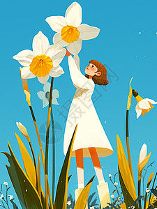 身穿白色连衣裙在花丛中的清新可爱卡通小女孩图片