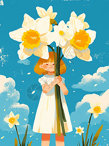 身穿连衣裙在花丛中的清新可爱卡通小女孩图片