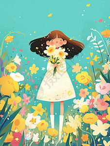 手捧着花朵在花园中开心笑的可爱卡通小女孩图片