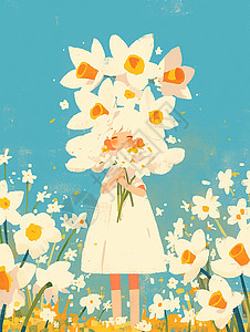 手捧着花朵在花园中开心笑的卡通小女孩图片