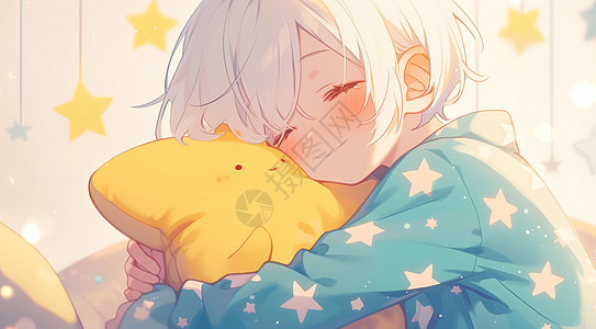 抱着黄色可爱的卡通枕头安心睡觉的小男孩图片