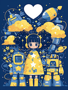 穿黄色连衣裙的可爱卡通小女孩主题插画图片