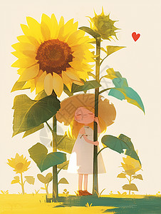 小女孩奔跑在大大的太阳花下一个连衣裙的卡通小女孩插画