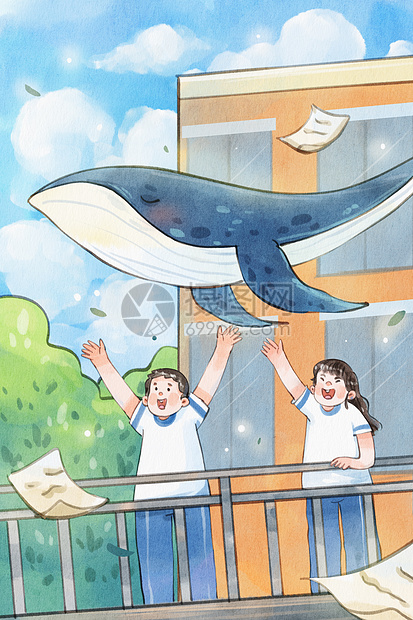 手绘水彩五四青年欢呼的青少年与鲸鱼治愈系插画图片