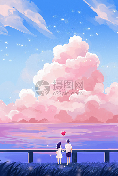 治愈系粉色天空海边情侣插画图片