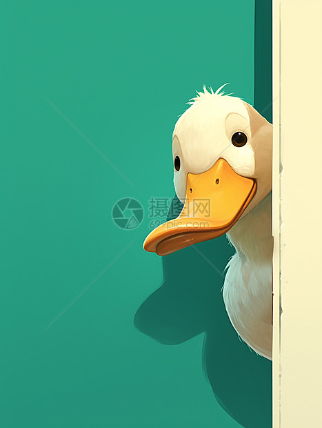 呆萌的卡通小白鸭躲在门后图片