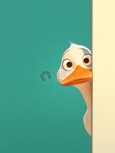呆萌的卡通小鸭躲在门后图片