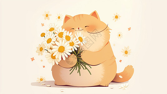 可爱的卡通小橘猫抱着一束小花图片