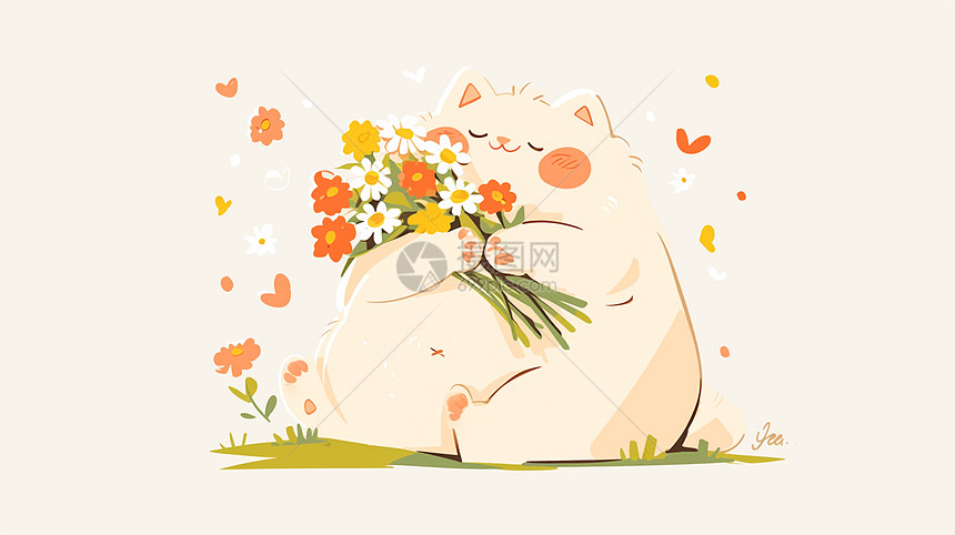 胖乎乎可爱的卡通小橘猫抱着一束小花图片