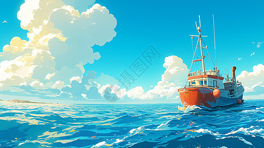 行驶在蓝蓝的大海上一艘船图片