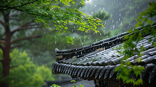 在雨中唯美的古风屋顶图片