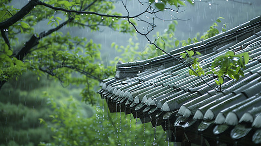 雨中清新唯美的古风屋顶高清图片