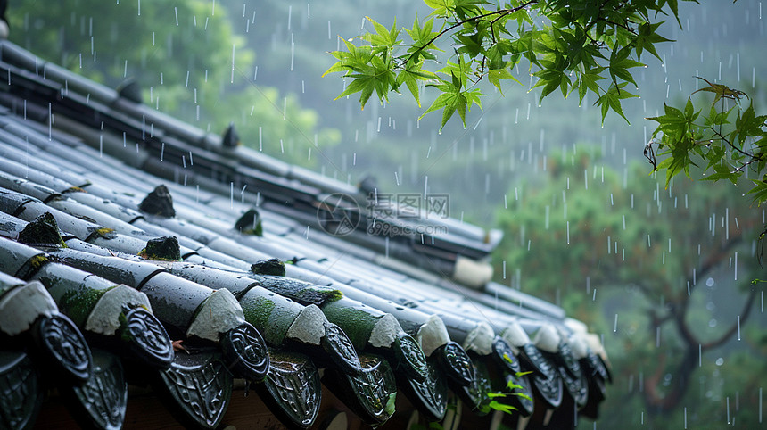 大雨中唯美的古风屋顶一角图片