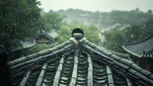 大雨中唯美 清新的古风屋顶一角图片