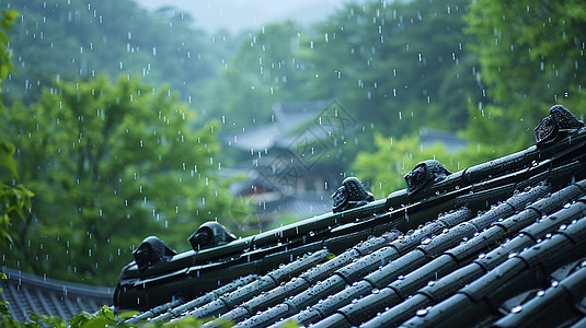 大雨中唯美的古风屋顶一角图片