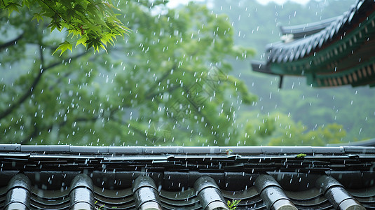 节日节气大雨中唯美的古风屋顶一角插画