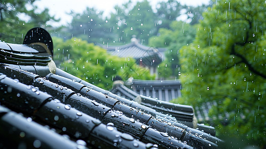 大雨中古风屋檐在流水图片